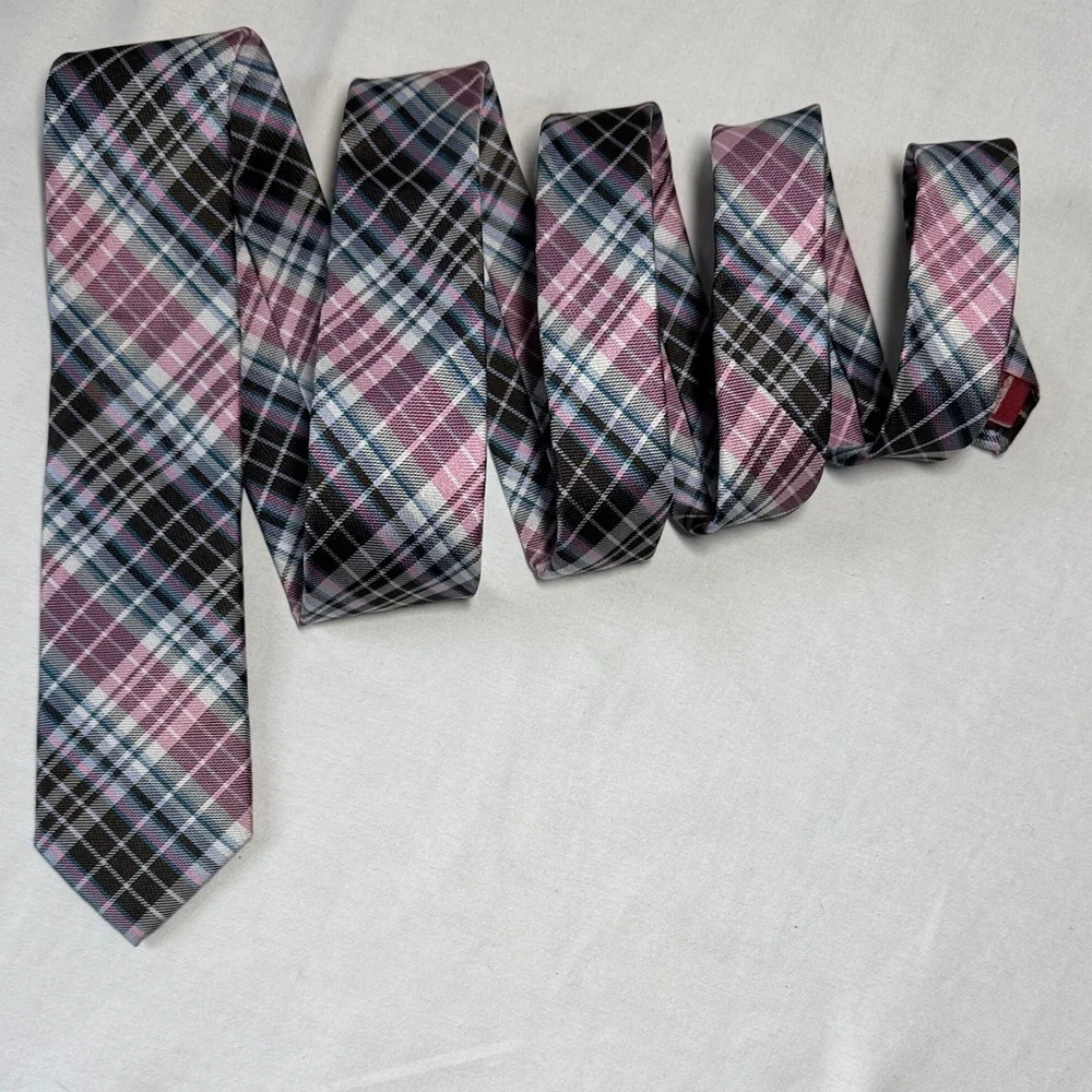 Original Penguin Plaid Tie - Brown, Pink, and Gray. Silk.